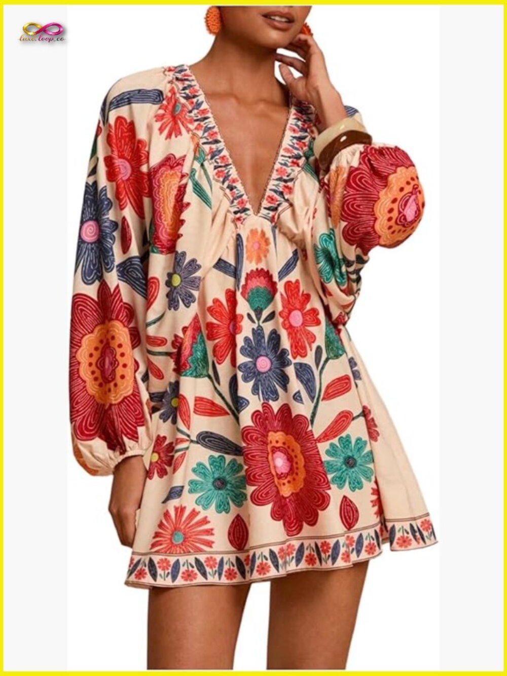 Boho Floral V Neck Mini Dress Bishop Sleeve Tie Back Tropical Party